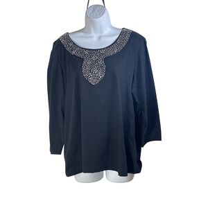 KAK TUS Black Embellished Scoop Neck 3/4 Sleeve Top Plus Size 1X vtg whimsigoth